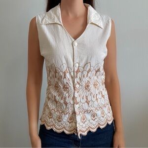 Vintage collared embroidered blouse top button up cream tan boho medium large